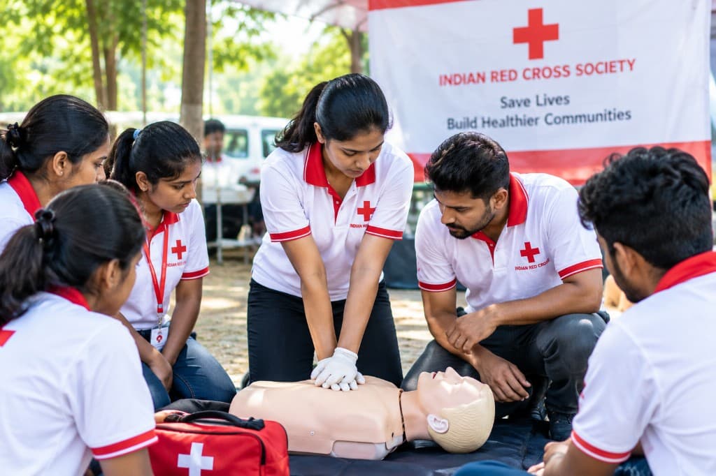 Red Cross volunteers practicing CPR on a training mannequin