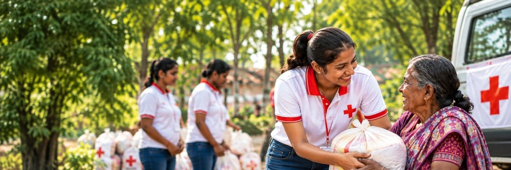 Red Cross volunteers distributing supplies to community members